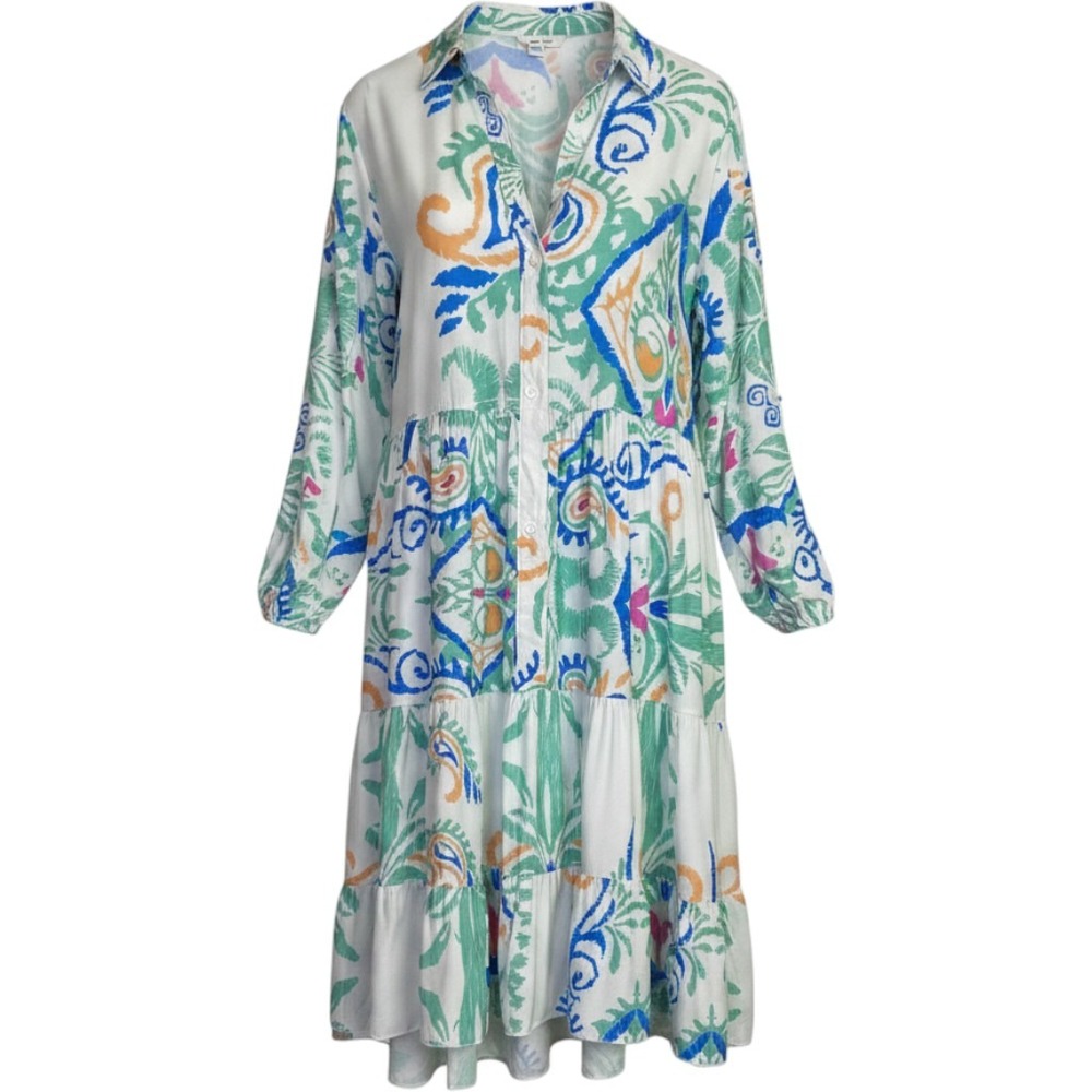 Unbranded Shirt Dress Womens 2XL White Green Tribal Tiered Boho Flowy Summer